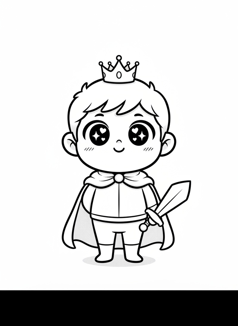 Prince Valor the Brave in Kawaii Cute - Black & White Illustration
