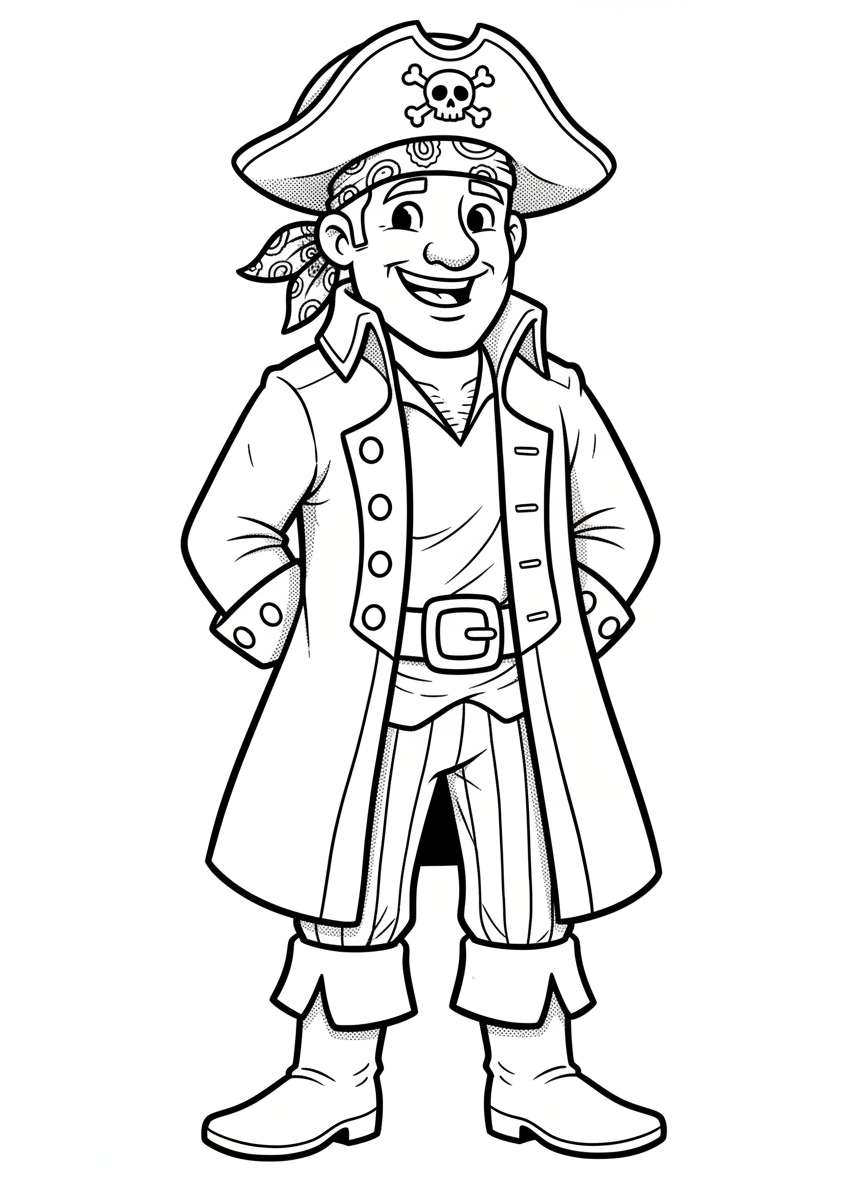 Captain Jolly the Friendly Pirate - Black & White Illustration