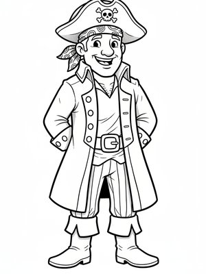 Captain Jolly the Friendly Pirate in Classic Coloring Book - Black & White Illustration