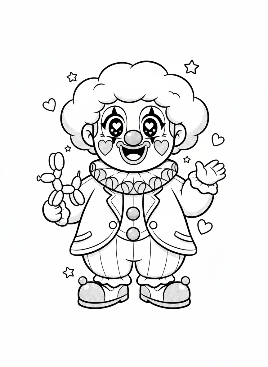 Giggles the Friendly Clown - Black & White Illustration