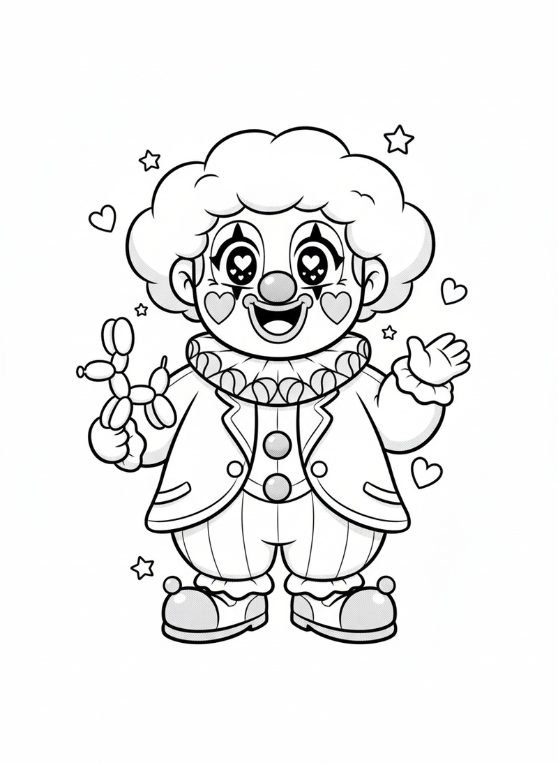 Giggles the Friendly Clown in Kawaii Cute - Black & White Illustration
