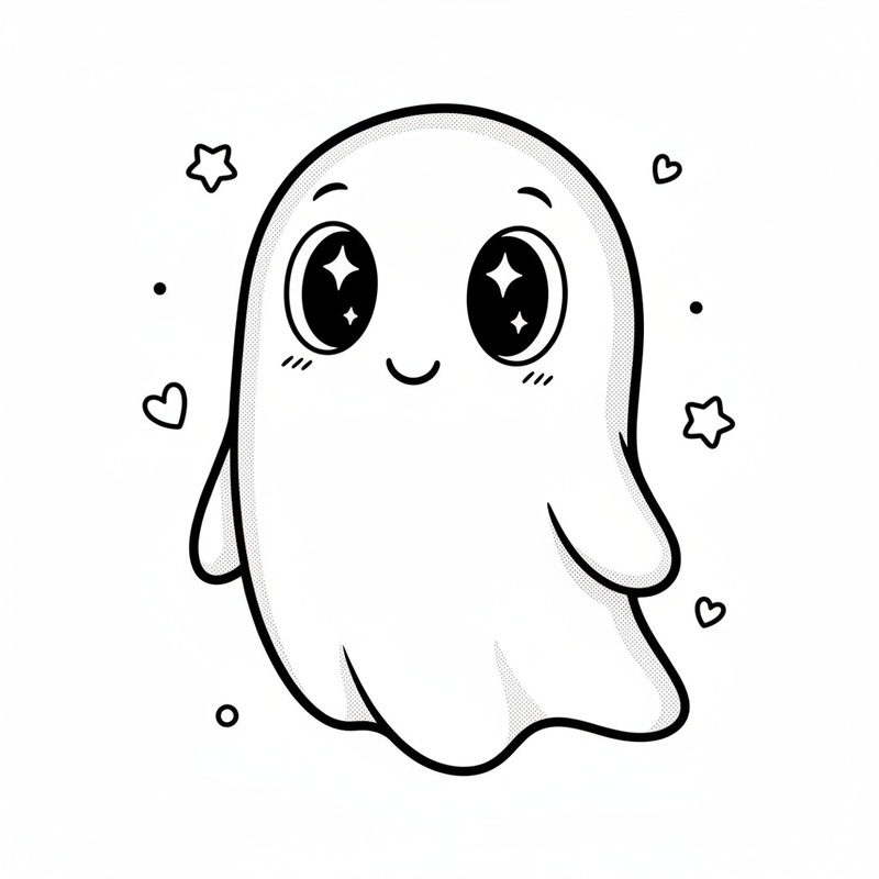 Casper the Friendly Ghost in Kawaii Cute - Black & White Illustration