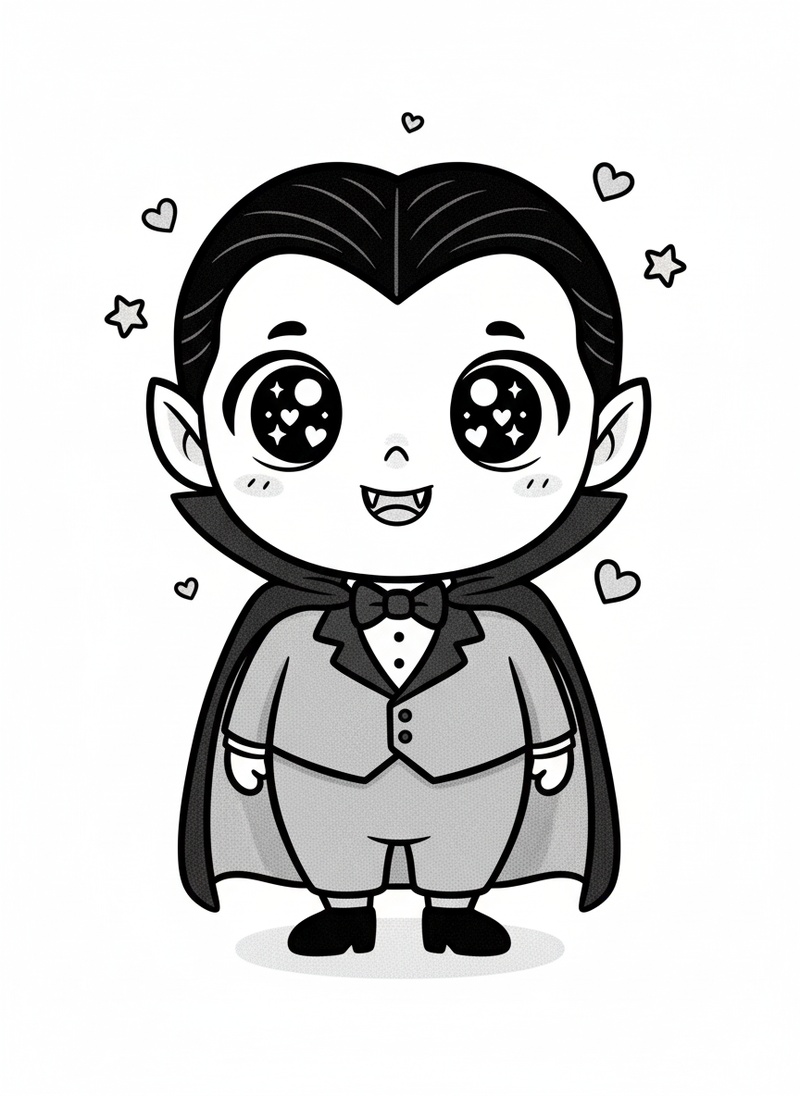 Count Dracula the Vampire in Kawaii Cute - Black & White Illustration