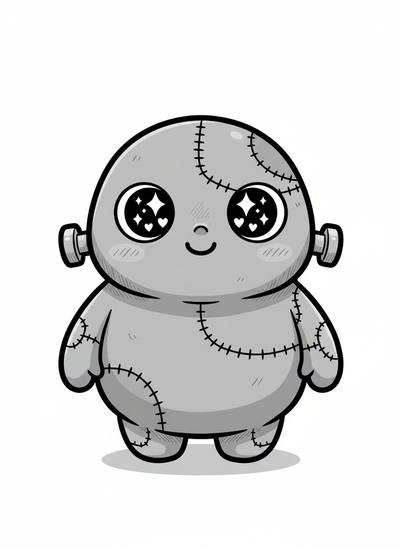 Victor the Friendly Monster in Kawaii Cute - Black & White Illustration