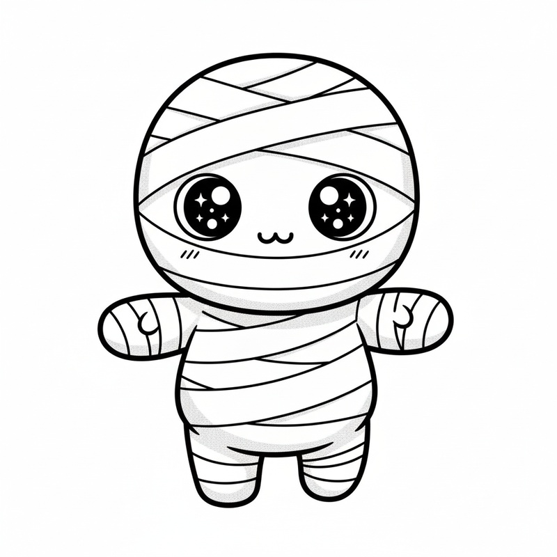 Bandages the Mummy in Kawaii Cute - Black & White Illustration