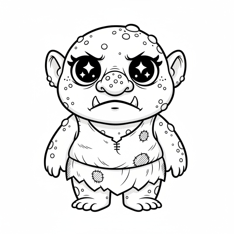 Grunch the Troll in Kawaii Cute - Black & White Illustration