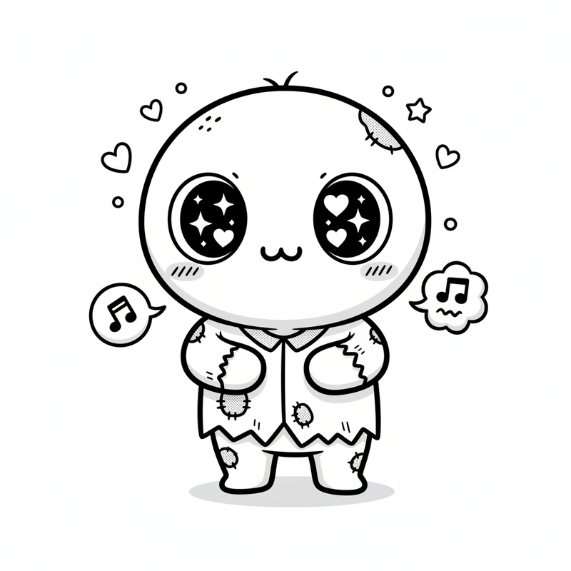 Shamble the Zombie in Kawaii Cute - Black & White Illustration