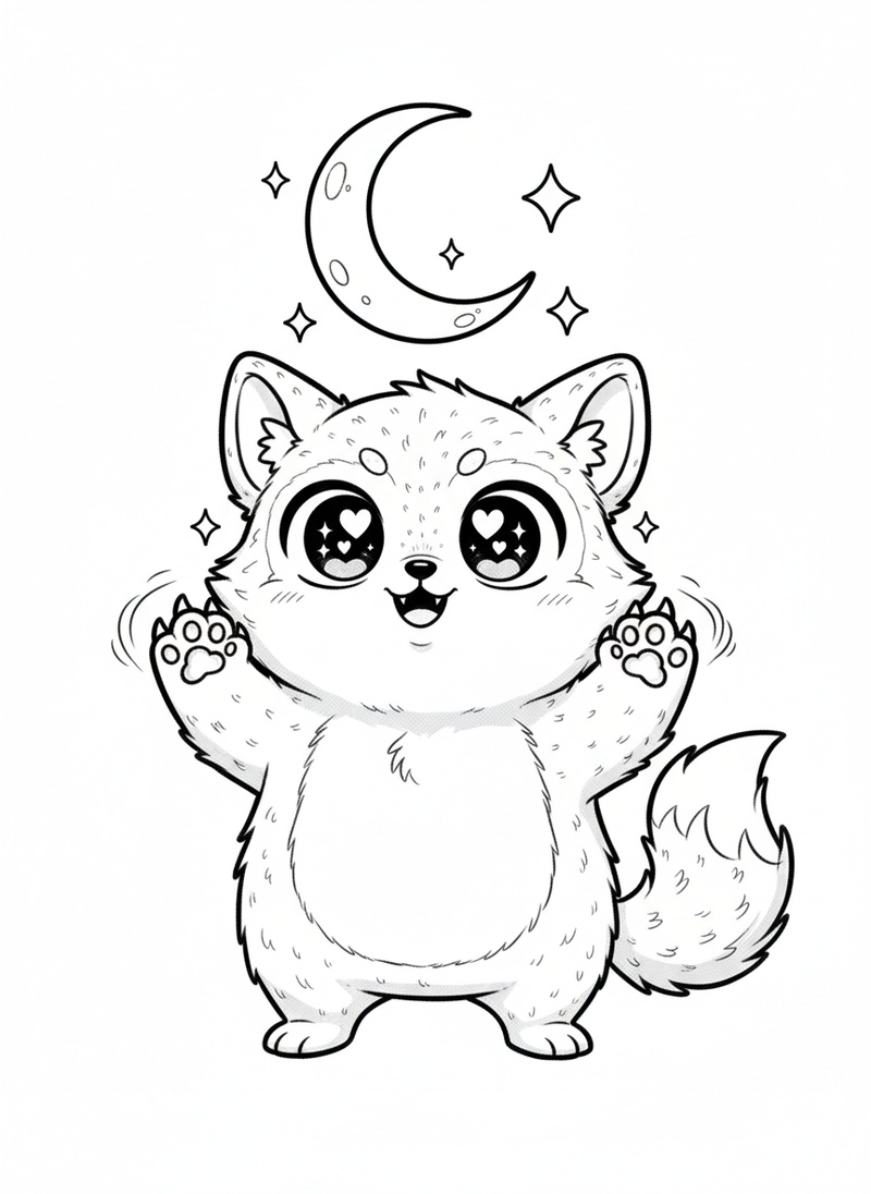 Luna the Werewolf in Kawaii Cute - Black & White Illustration