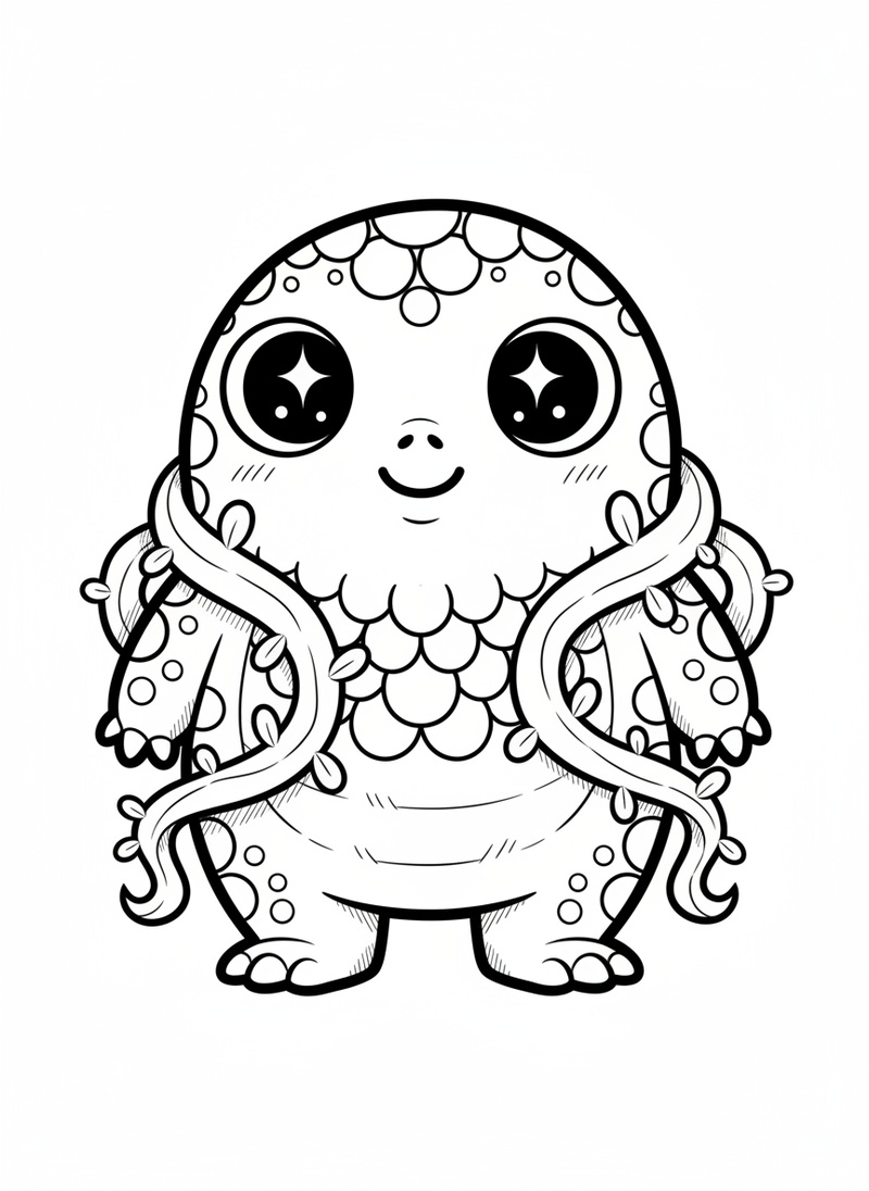 Greenie the Swamp Monster in Kawaii Cute - Black & White Illustration