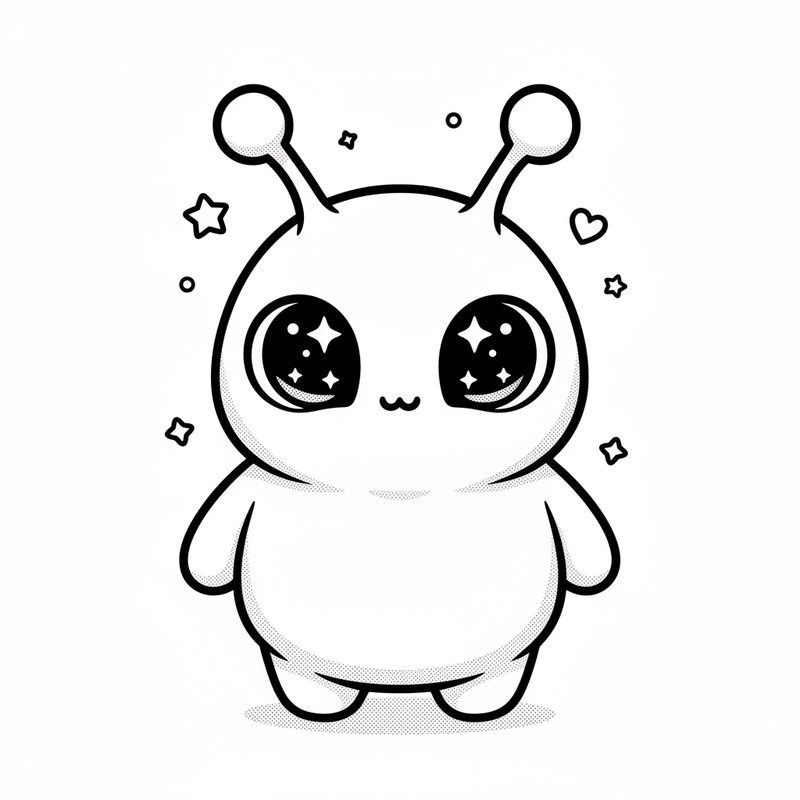 Zorg the Alien Explorer in Kawaii Cute - Black & White Illustration