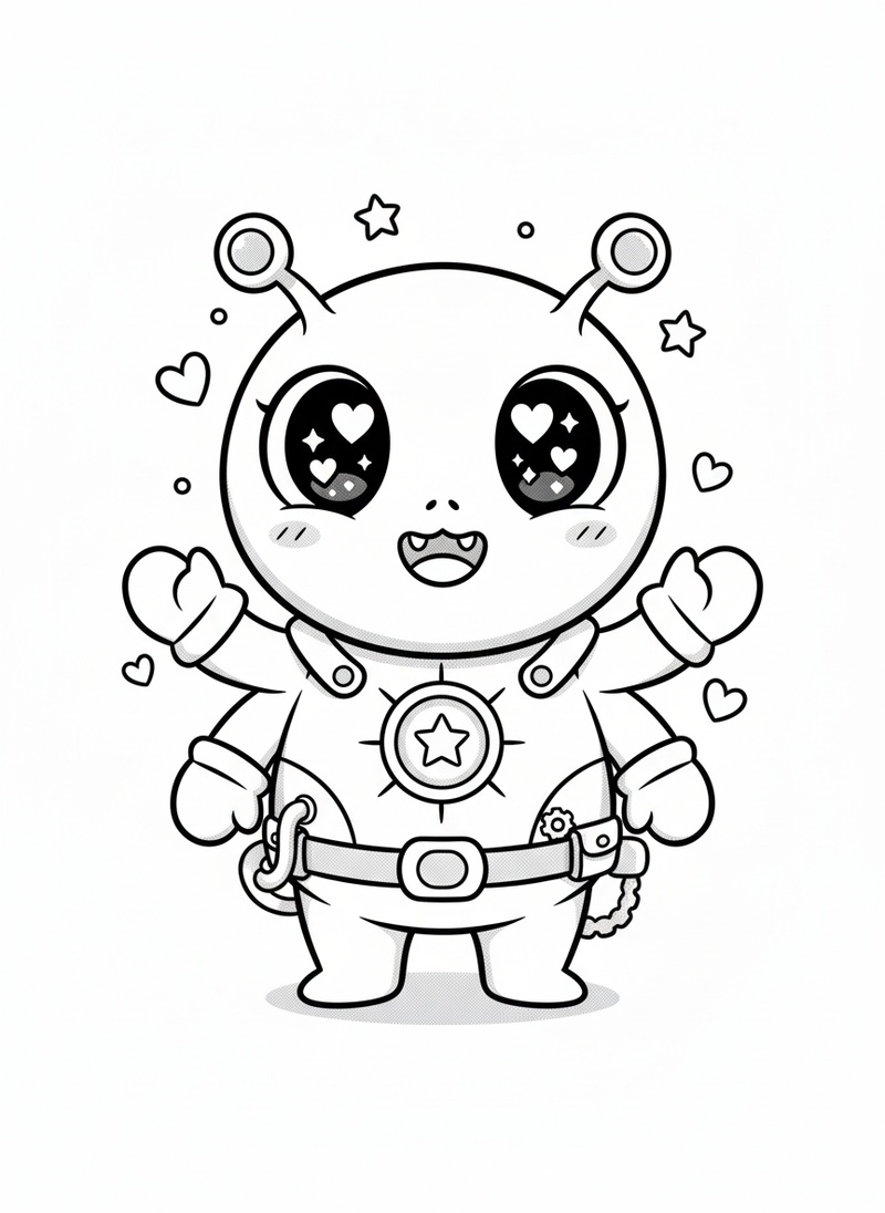 Invader the Villain Alien in Kawaii Cute - Black & White Illustration
