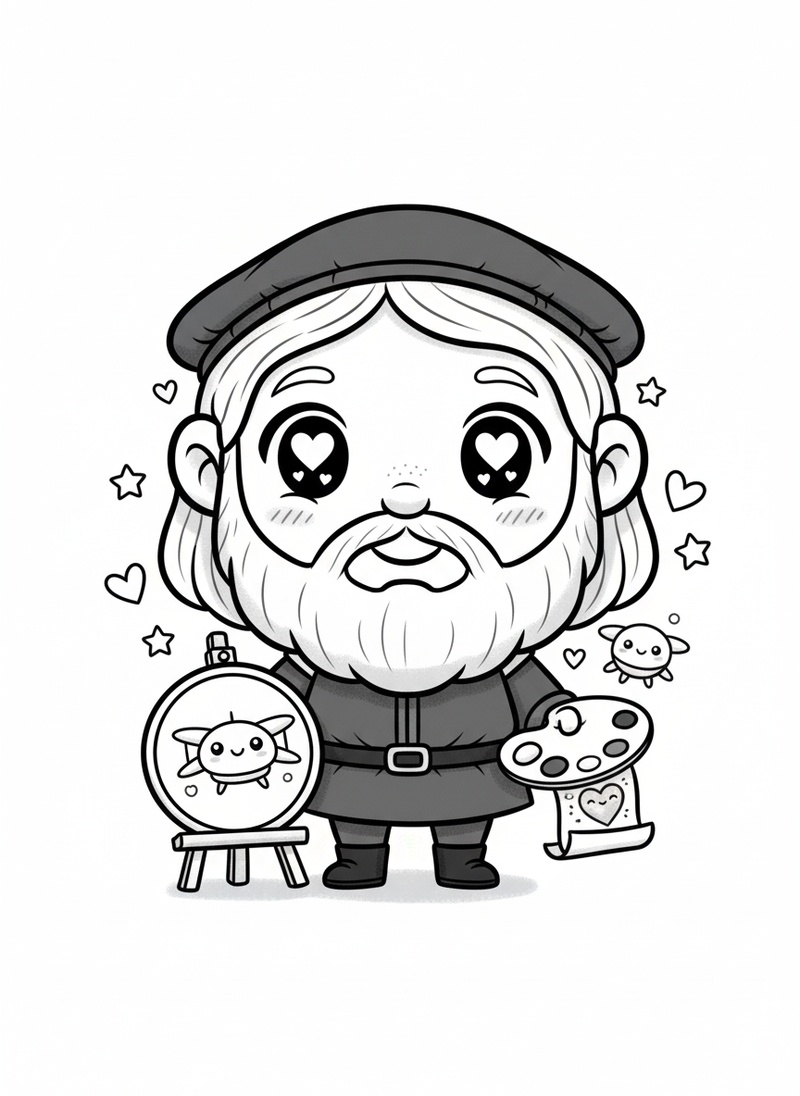 Leonardo the Renaissance Artist in Kawaii Cute - Black & White Illustration