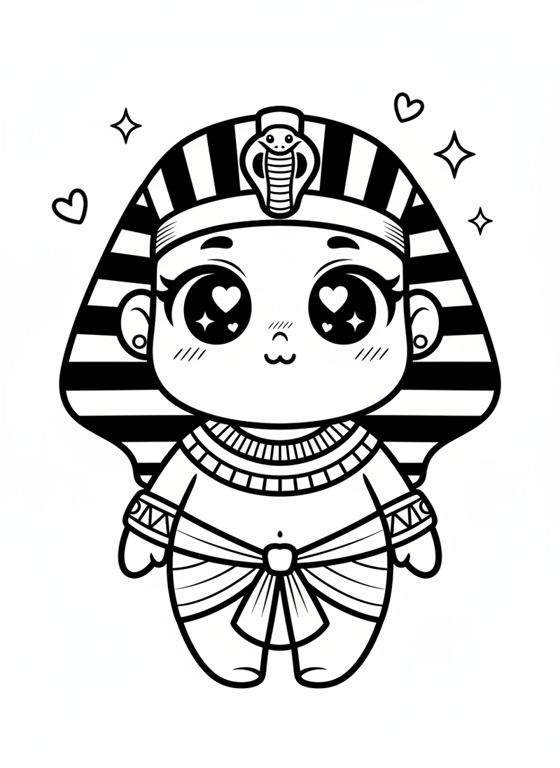 Cleo the Egyptian Pharaoh in Kawaii Cute - Black & White Illustration