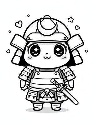 Samurai Honor the Warrior in Kawaii Cute - Black & White Illustration