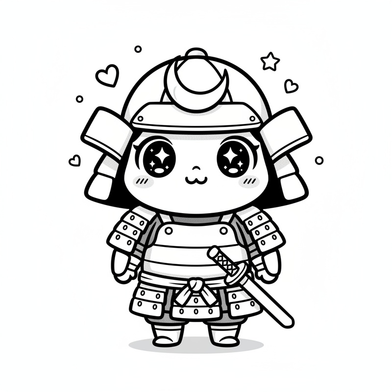 Samurai Honor the Warrior in Kawaii Cute - Black & White Illustration