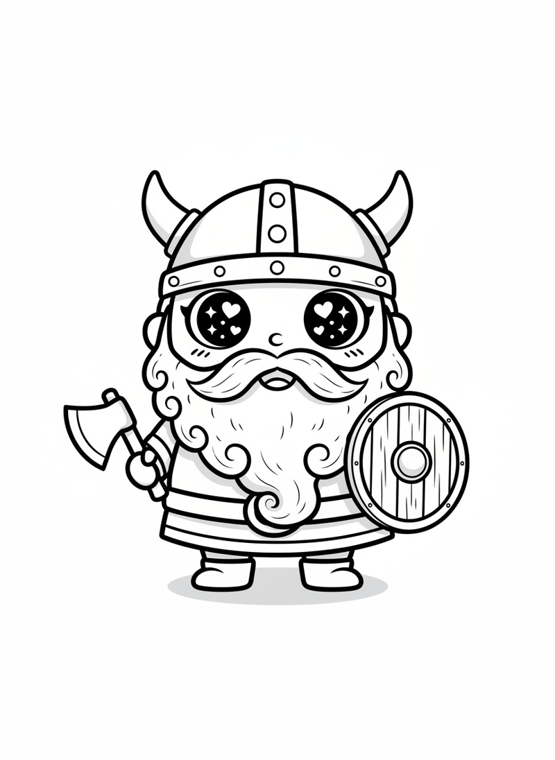 Viking Storm the Raider in Kawaii Cute - Black & White Illustration