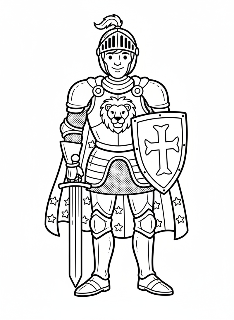 Sir Brave the Noble Knight in Classic Coloring Book - Black & White Illustration