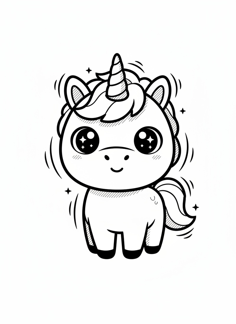 Thunder the Magical Horse in Kawaii Cute - Black & White Illustration