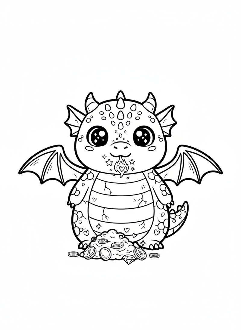 Ember the Fierce Dragon in Kawaii Cute - Black & White Illustration