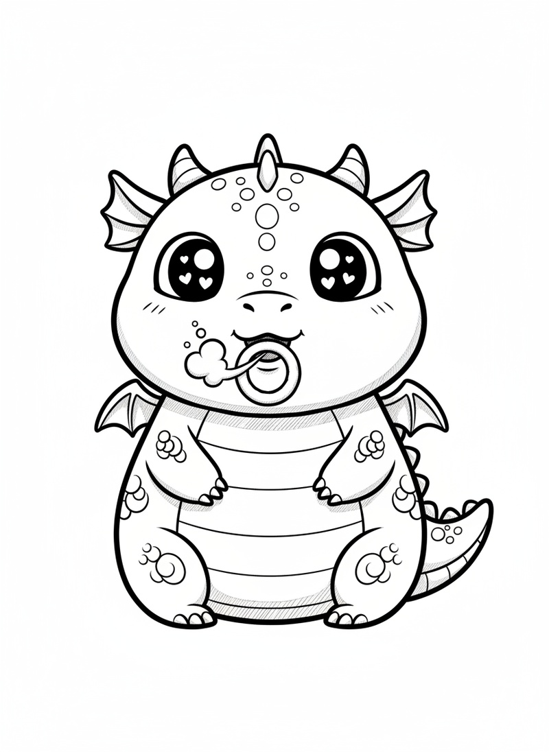 Puff the Friendly Dragon in Kawaii Cute - Black & White Illustration