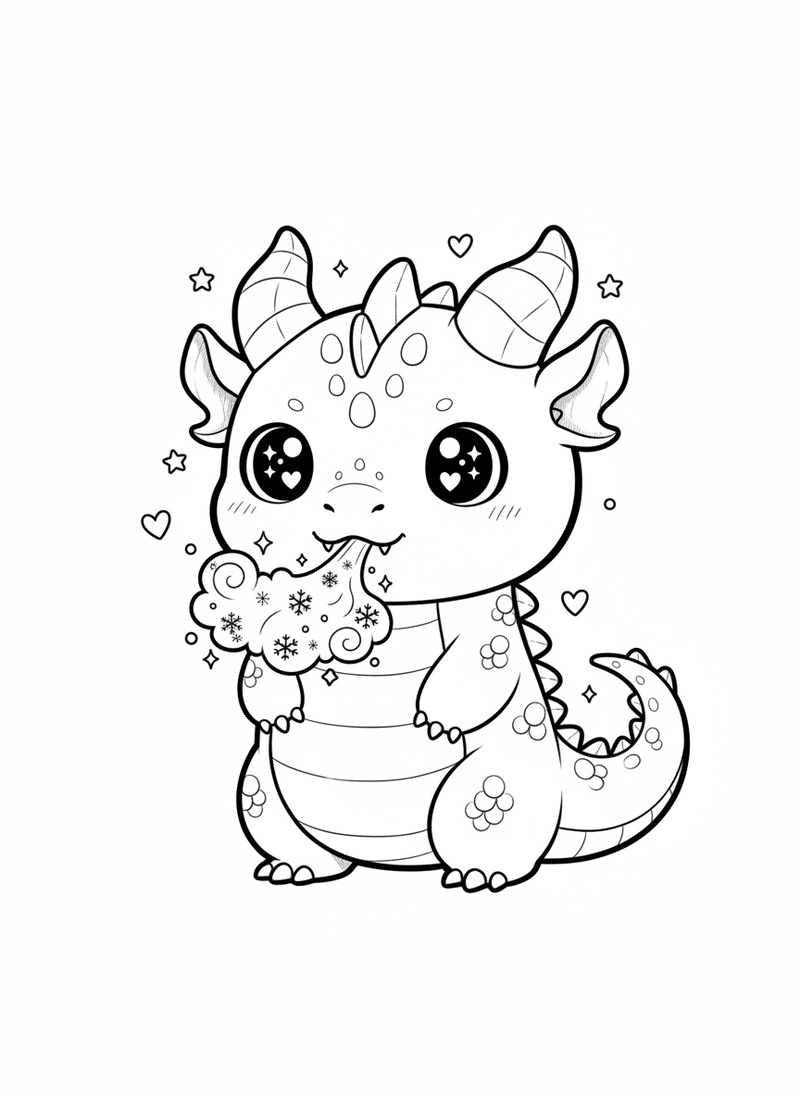 Frostbite the Ice Dragon in Kawaii Cute - Black & White Illustration