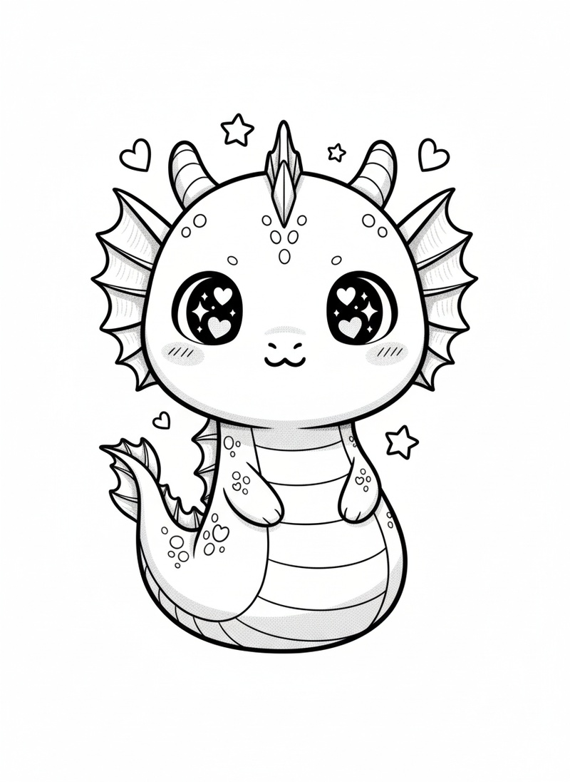 Splash the Water Dragon in Kawaii Cute - Black & White Illustration