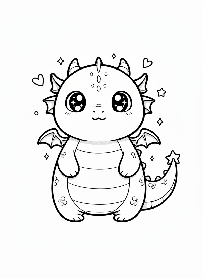 Shadow the Night Dragon in Kawaii Cute - Black & White Illustration