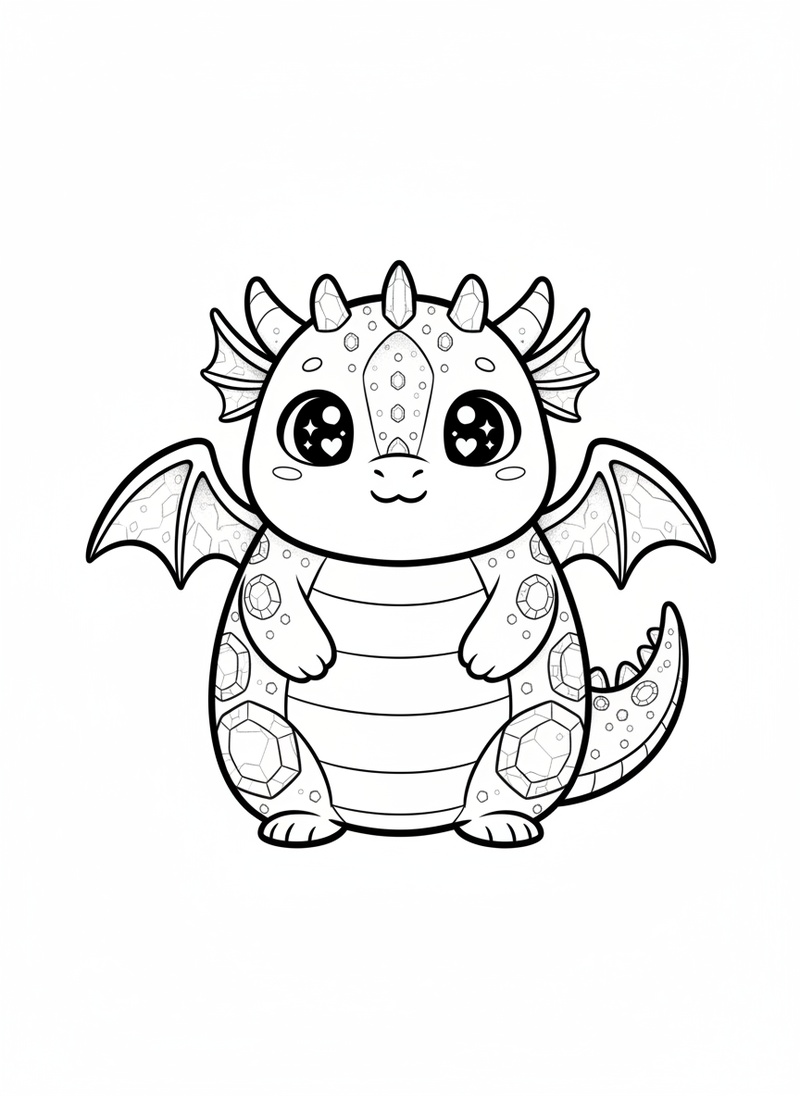 Gemstone the Crystal Dragon in Kawaii Cute - Black & White Illustration