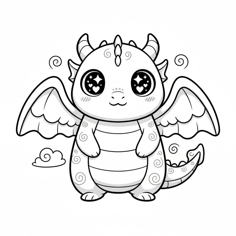 Zephyr the Wind Dragon in Kawaii Cute - Black & White Illustration