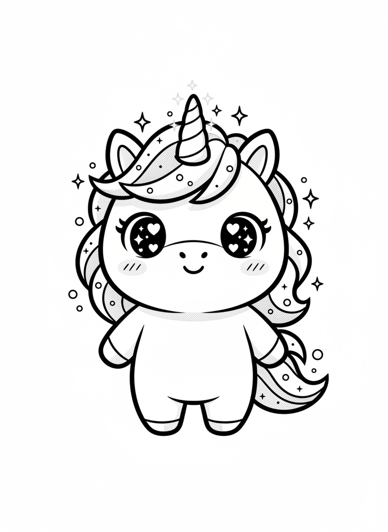 Stardust the Unicorn in Kawaii Cute - Black & White Illustration