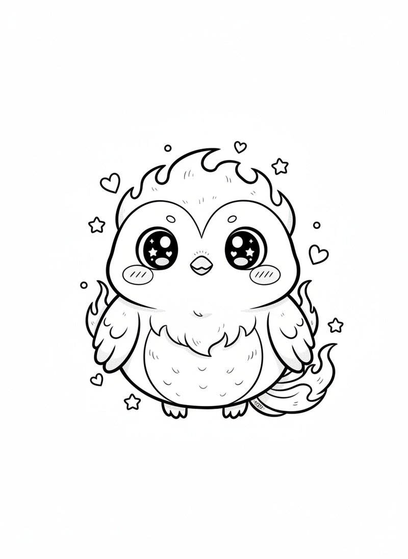 Blaze the Phoenix in Kawaii Cute - Black & White Illustration