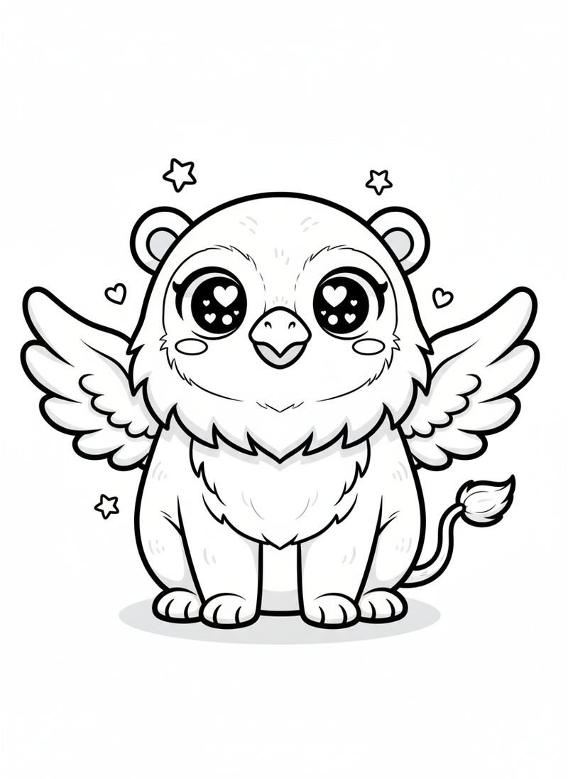Griffin the Guardian in Kawaii Cute - Black & White Illustration
