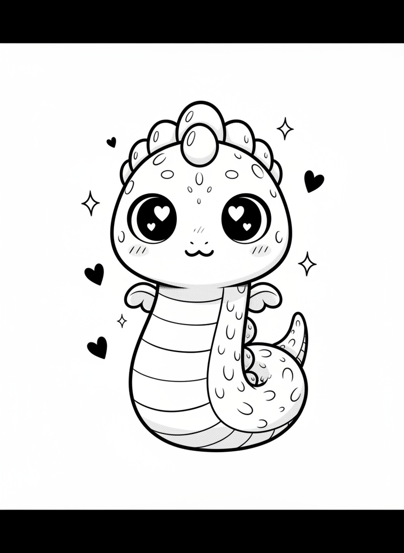 Scales the Basilisk in Kawaii Cute - Black & White Illustration