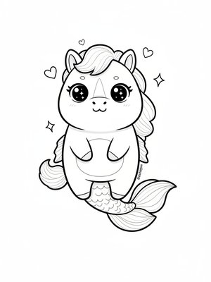 Bubbles the Hippocampus in Kawaii Cute - Black & White Illustration
