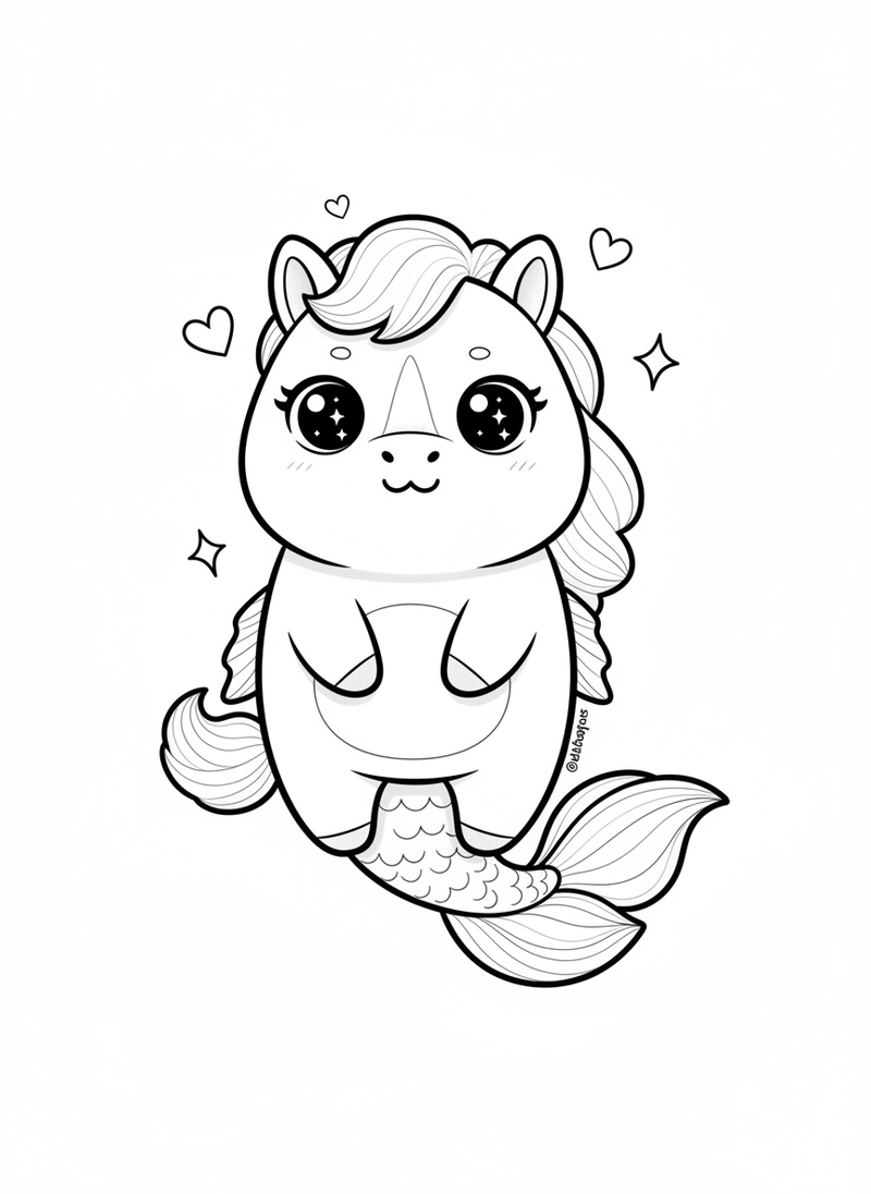 Bubbles the Hippocampus in Kawaii Cute - Black & White Illustration