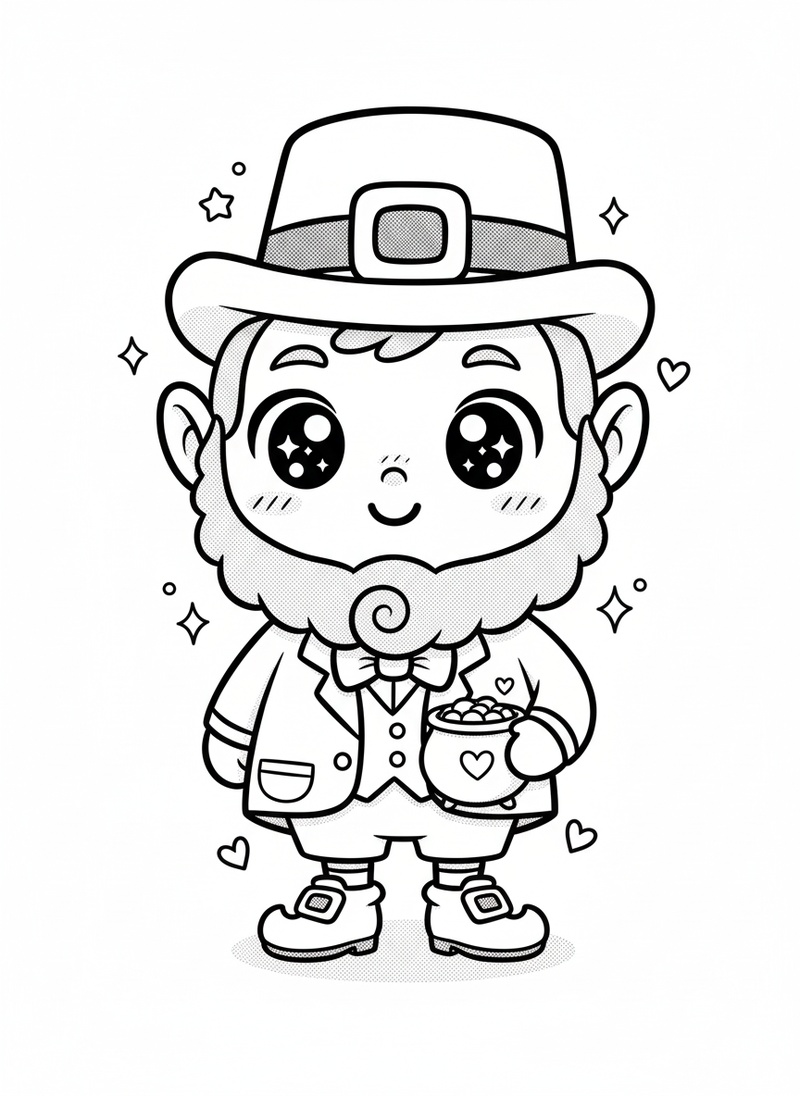 Lucky the Leprechaun in Kawaii Cute - Black & White Illustration