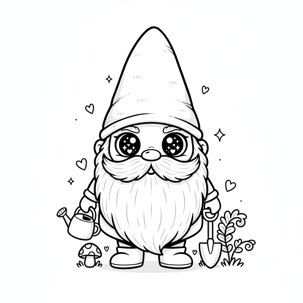 Bramble the Garden Gnome - Black & White Illustration