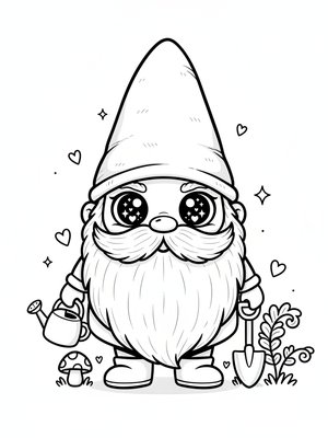 Bramble the Garden Gnome in Kawaii Cute - Black & White Illustration