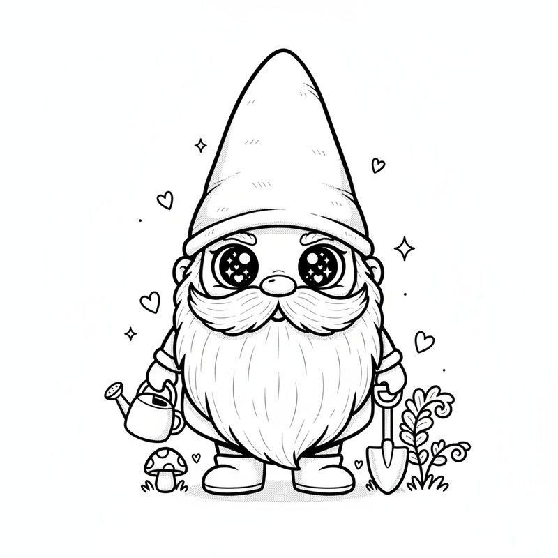 Bramble the Garden Gnome in Kawaii Cute - Black & White Illustration