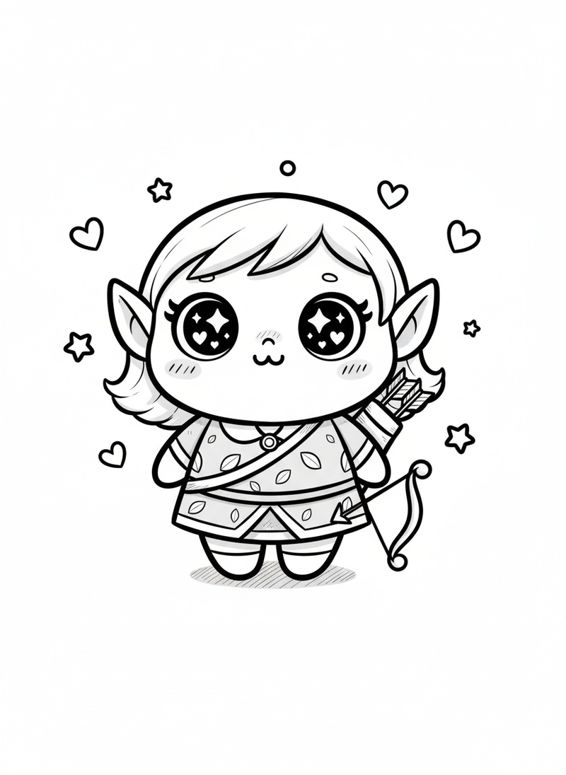 Willow the Wood Elf in Kawaii Cute - Black & White Illustration