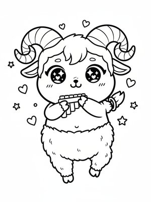Pan the Playful Satyr in Kawaii Cute - Black & White Illustration