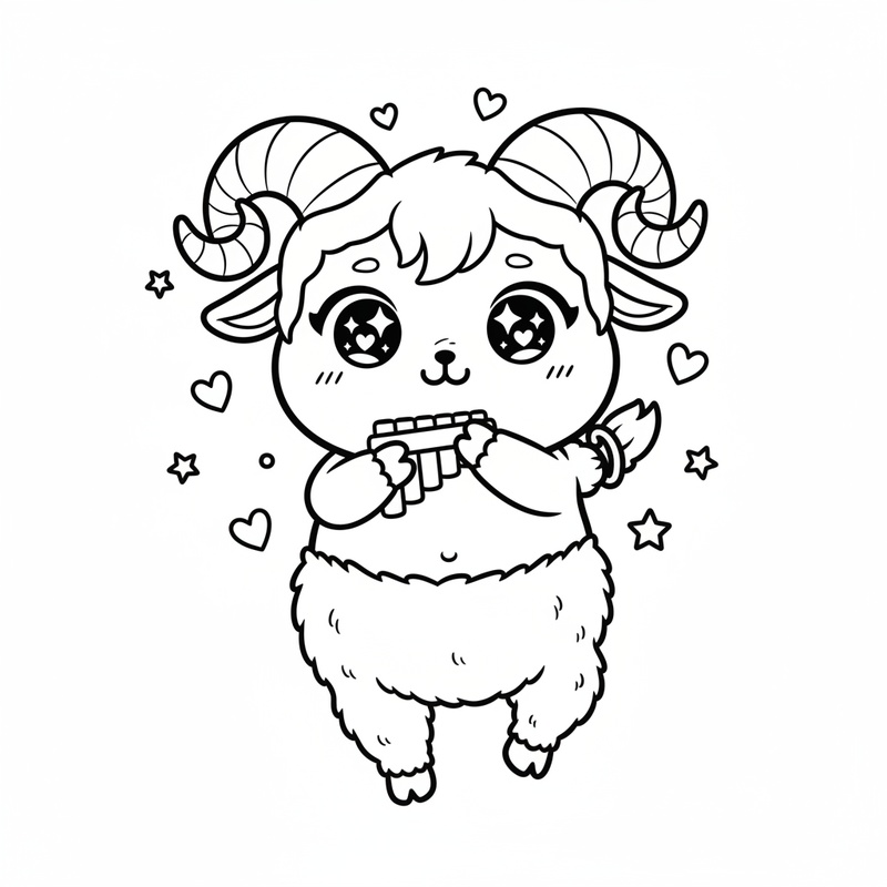 Pan the Playful Satyr in Kawaii Cute - Black & White Illustration