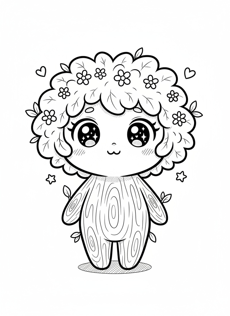 Oak the Tree Dryad in Kawaii Cute - Black & White Illustration