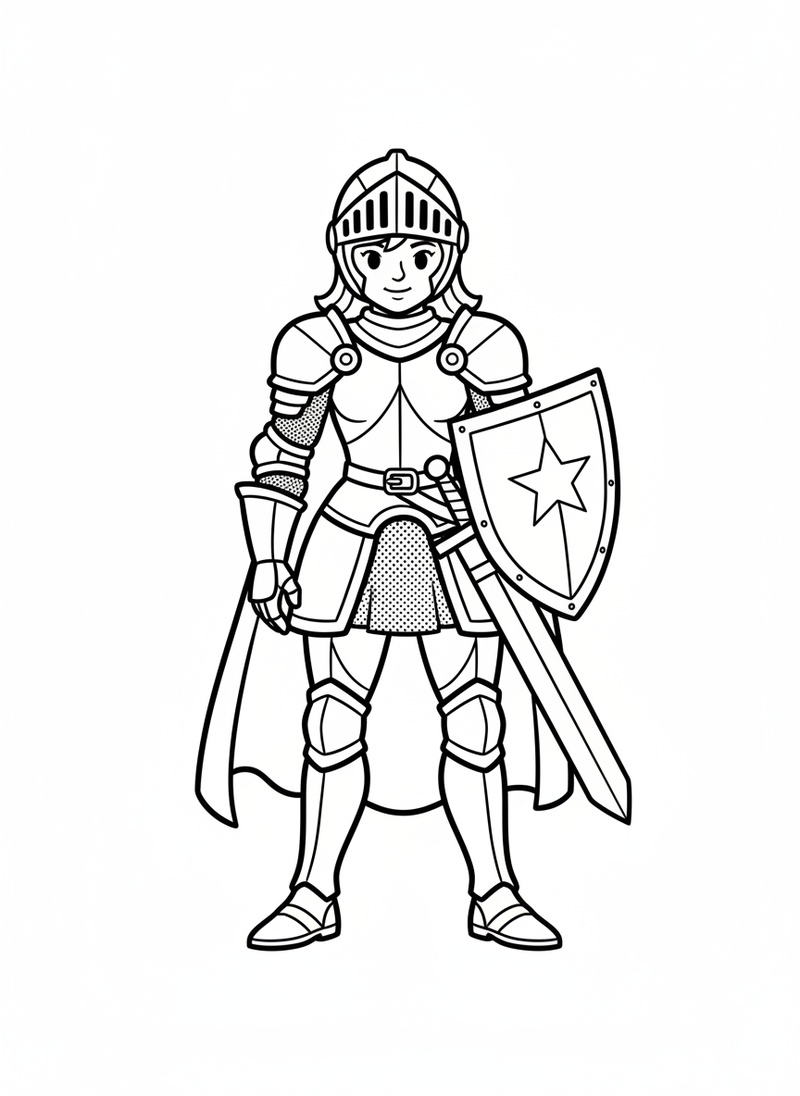 Lady Steel the Female Knight in Classic Coloring Book - Black & White Illustration