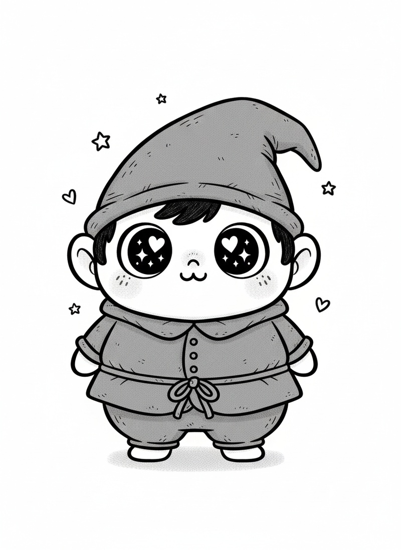 Cobweb the Brownie in Kawaii Cute - Black & White Illustration