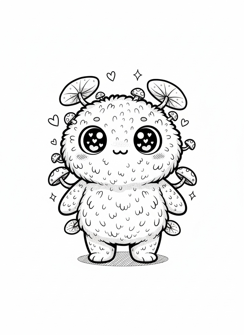 Mossy the Swamp Sprite in Kawaii Cute - Black & White Illustration