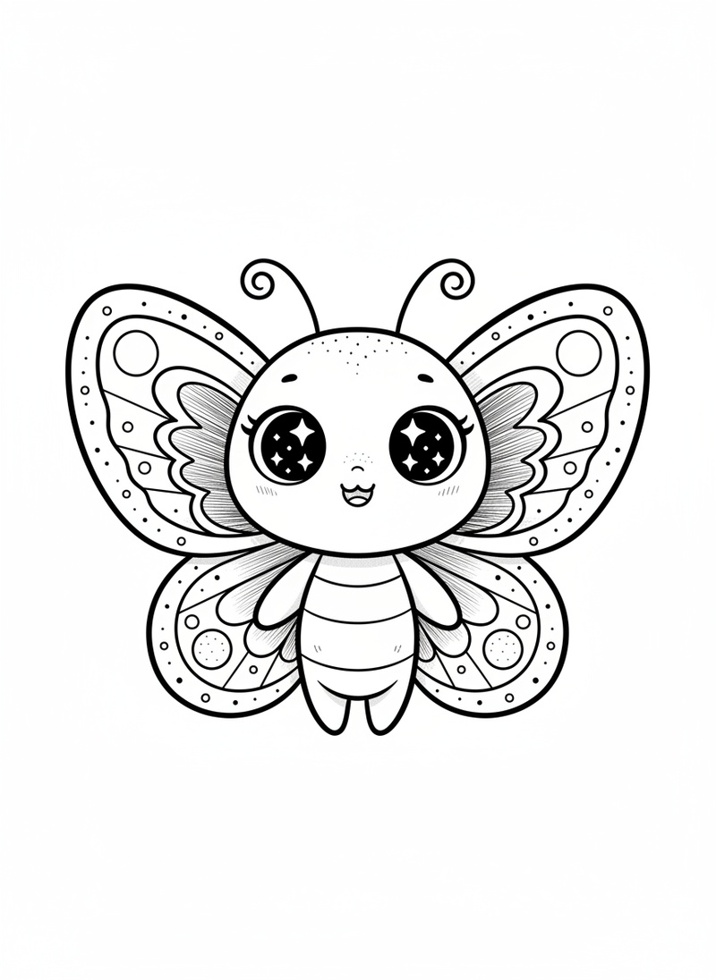 Flutter the Butterfly in Kawaii Cute - Black & White Illustration