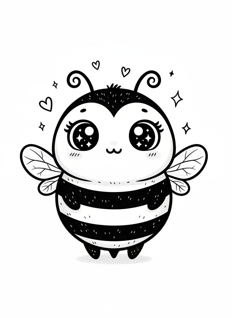 Buzz the Busy Bee in Kawaii Cute - Black & White Illustration