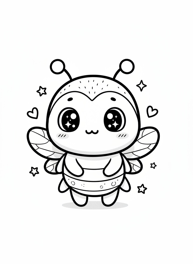 Glow the Firefly in Kawaii Cute - Black & White Illustration