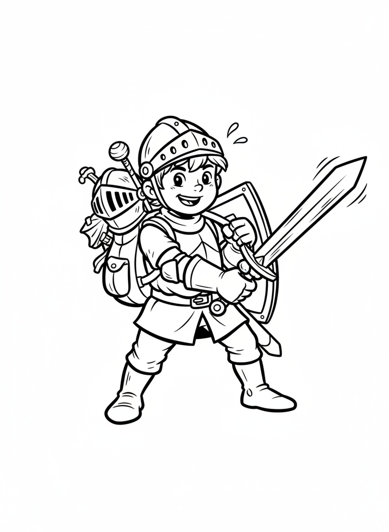 Squire Tom the Knight Trainee in Classic Coloring Book - Black & White Illustration